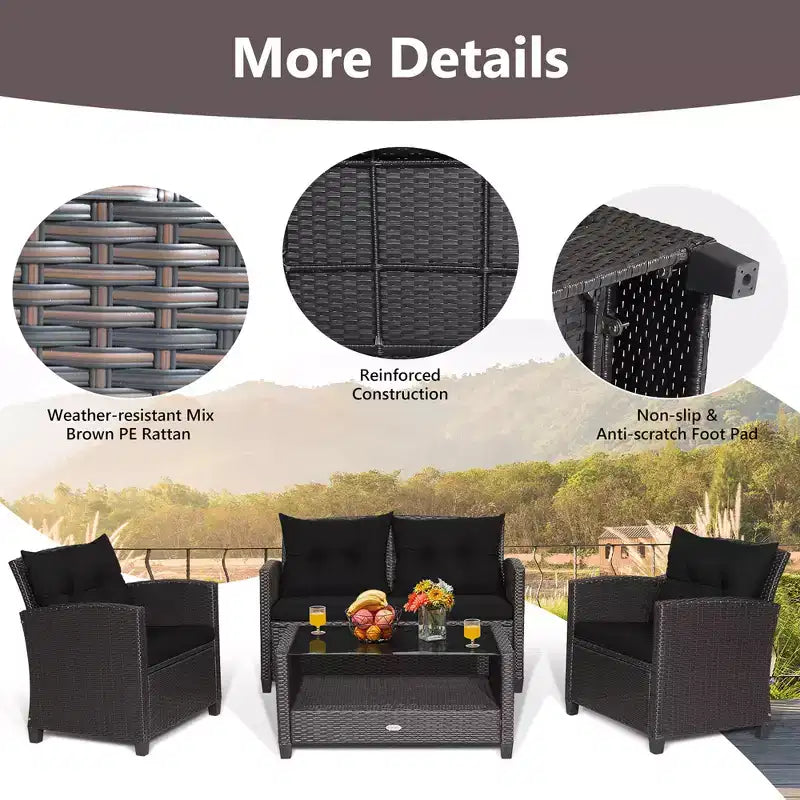 Costway Set Mobili da Giardino in Rattan 4 Pezzi Tavolo in Vetro Scaffale Divano Cuscino