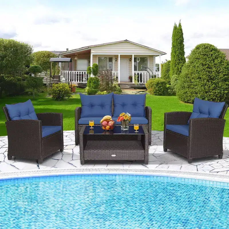 Costway Salon de Jardin 4 Pièces en Rotin avec Table en Verre Étagère Canapé et Coussins
