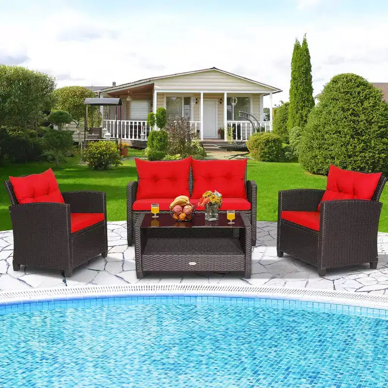 Costway Salon de Jardin 4 Pièces en Rotin avec Table en Verre Étagère Canapé et Coussins
