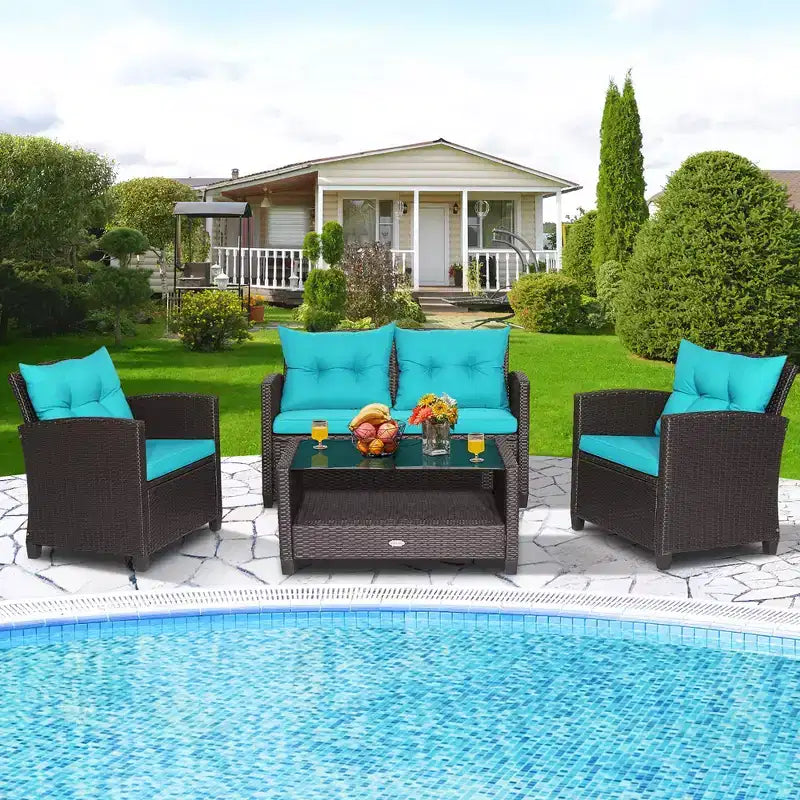Costway Salon de Jardin 4 Pièces en Rotin avec Table en Verre Étagère Canapé et Coussins