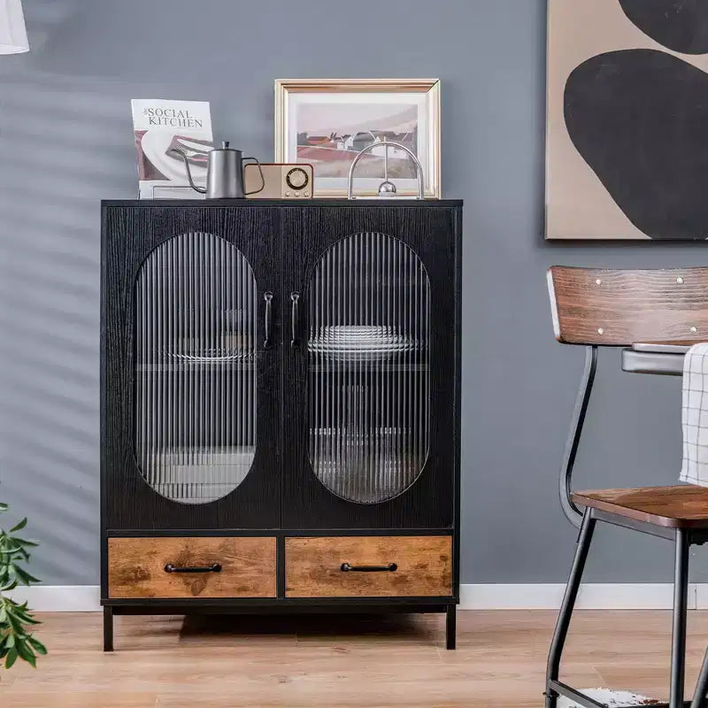 Costway Armoire de Cuisine Autoportante, Buffet avec 2 Portes en Verre et Tiroirs