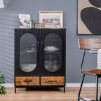Costway Armoire de Cuisine Autoportante, Buffet avec 2 Portes en Verre et Tiroirs