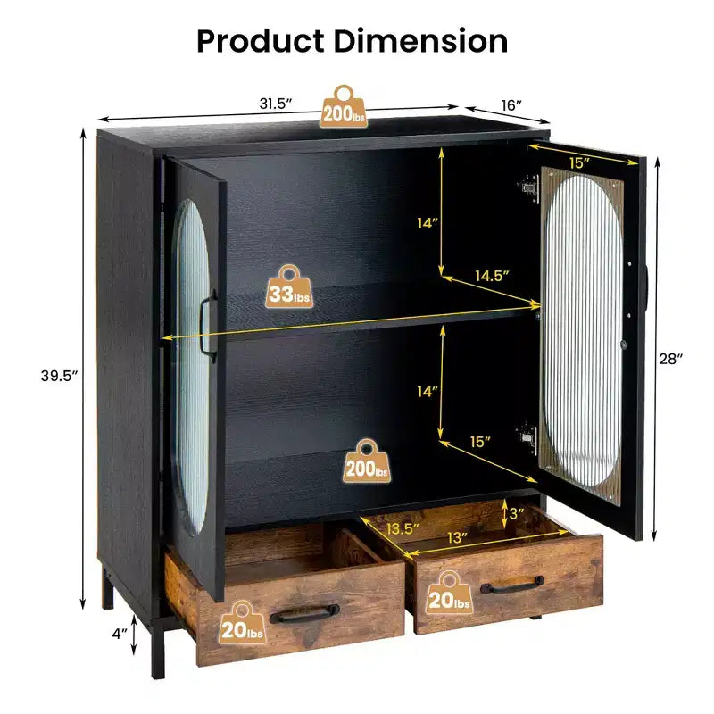 Costway Armoire de Cuisine Autoportante, Buffet avec 2 Portes en Verre et Tiroirs