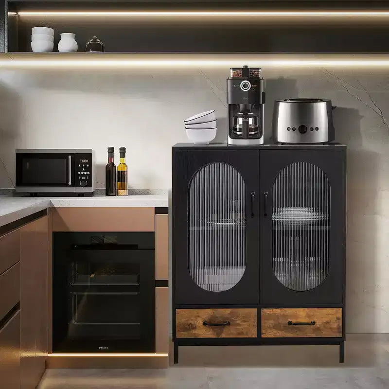 Costway Armoire de Cuisine Autoportante, Buffet avec 2 Portes en Verre et Tiroirs