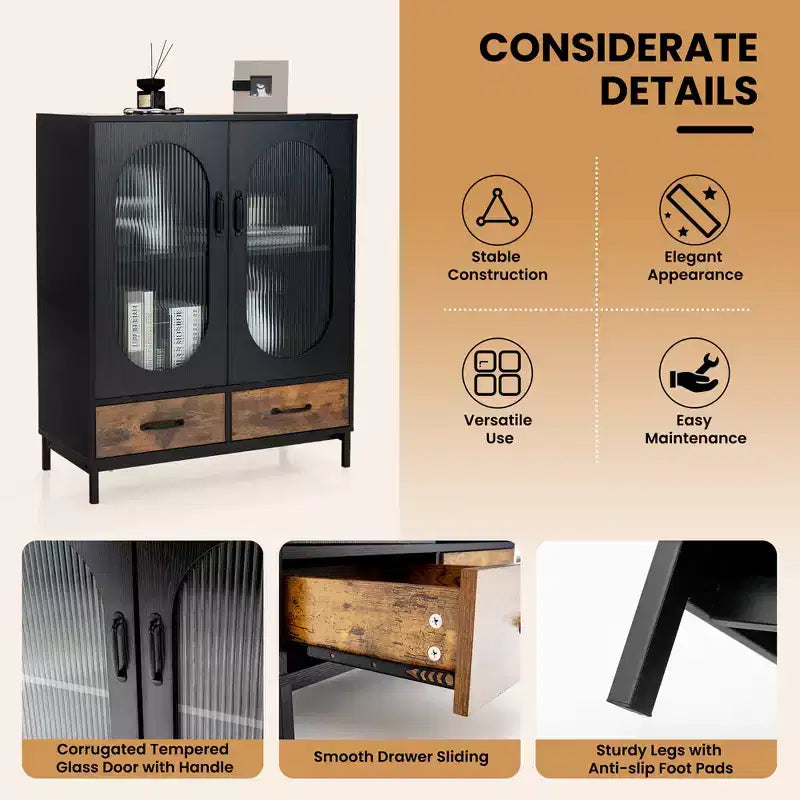 Costway Armoire de Cuisine Autoportante, Buffet avec 2 Portes en Verre et Tiroirs