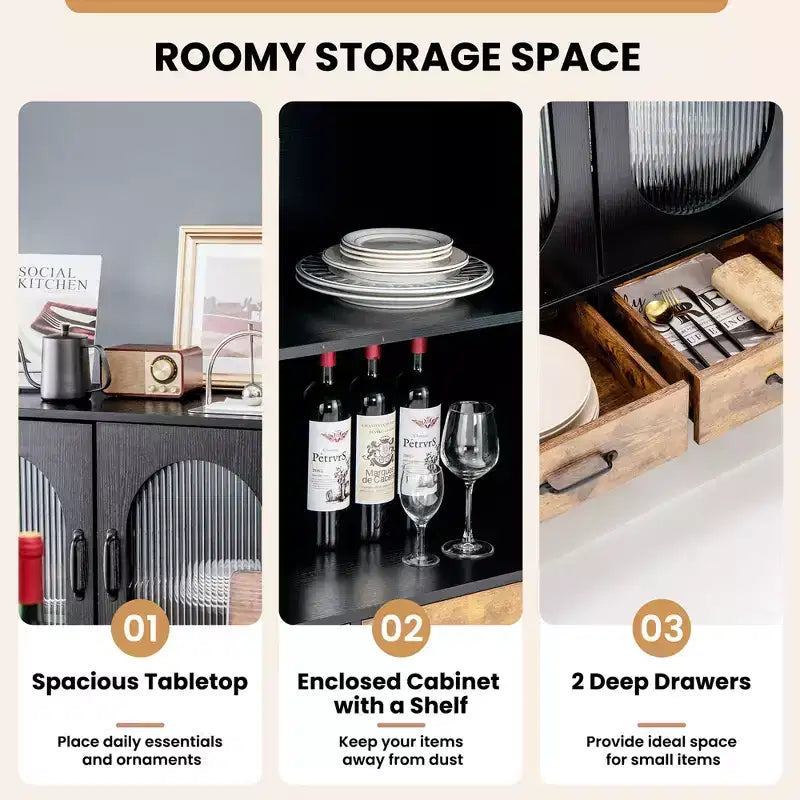 Costway Armoire de Cuisine Autoportante, Buffet avec 2 Portes en Verre et Tiroirs