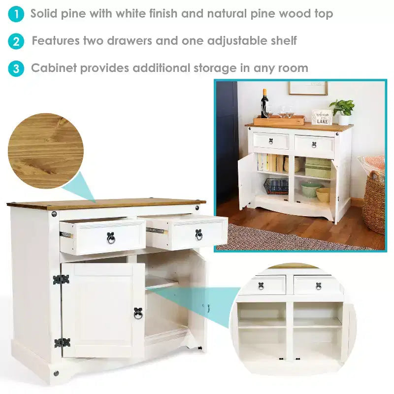 Buffet de cuisine Sunnydaze avec 2 tiroirs et 2 portes - Construction en pin massif - Blanc