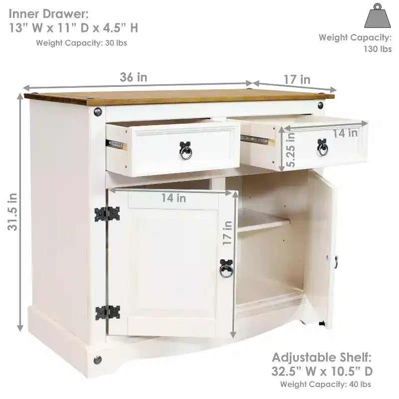 Buffet de cuisine Sunnydaze avec 2 tiroirs et 2 portes - Construction en pin massif - Blanc