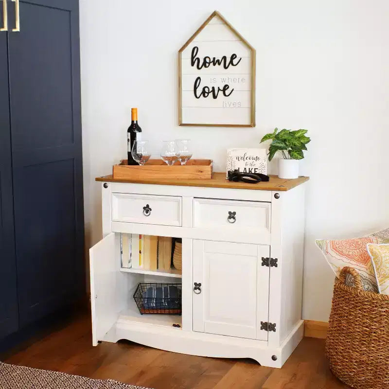Buffet de cuisine Sunnydaze avec 2 tiroirs et 2 portes - Construction en pin massif - Blanc