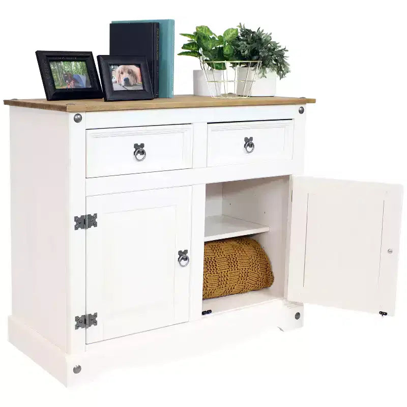 Buffet de cuisine Sunnydaze avec 2 tiroirs et 2 portes - Construction en pin massif - Blanc