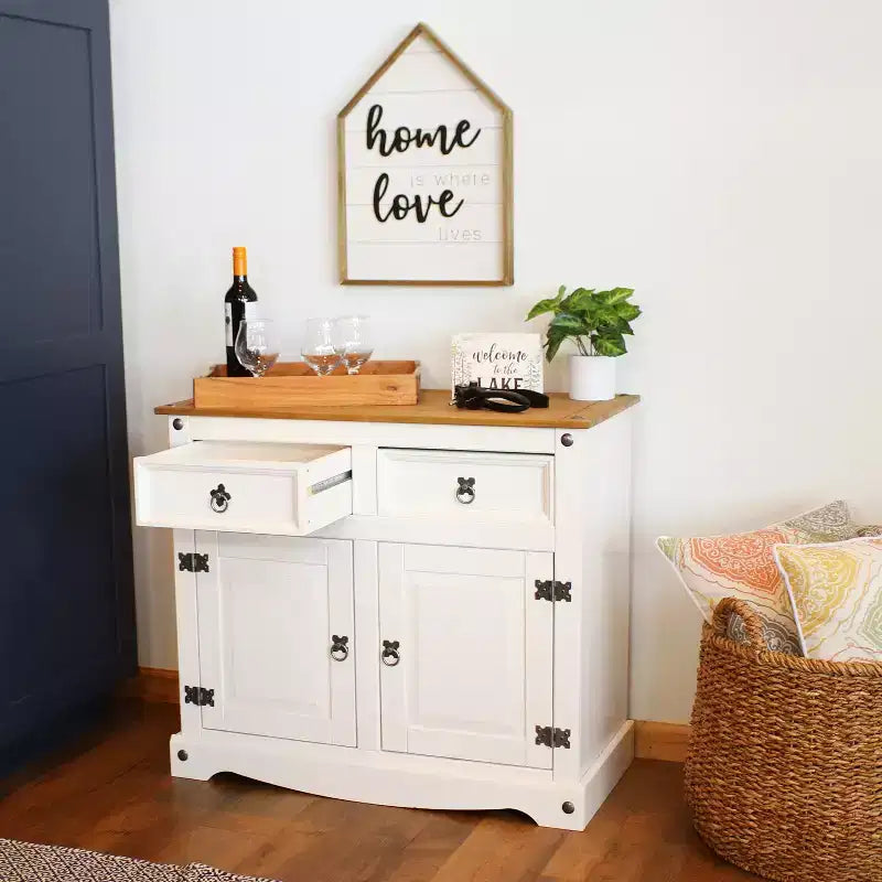Buffet de cuisine Sunnydaze avec 2 tiroirs et 2 portes - Construction en pin massif - Blanc