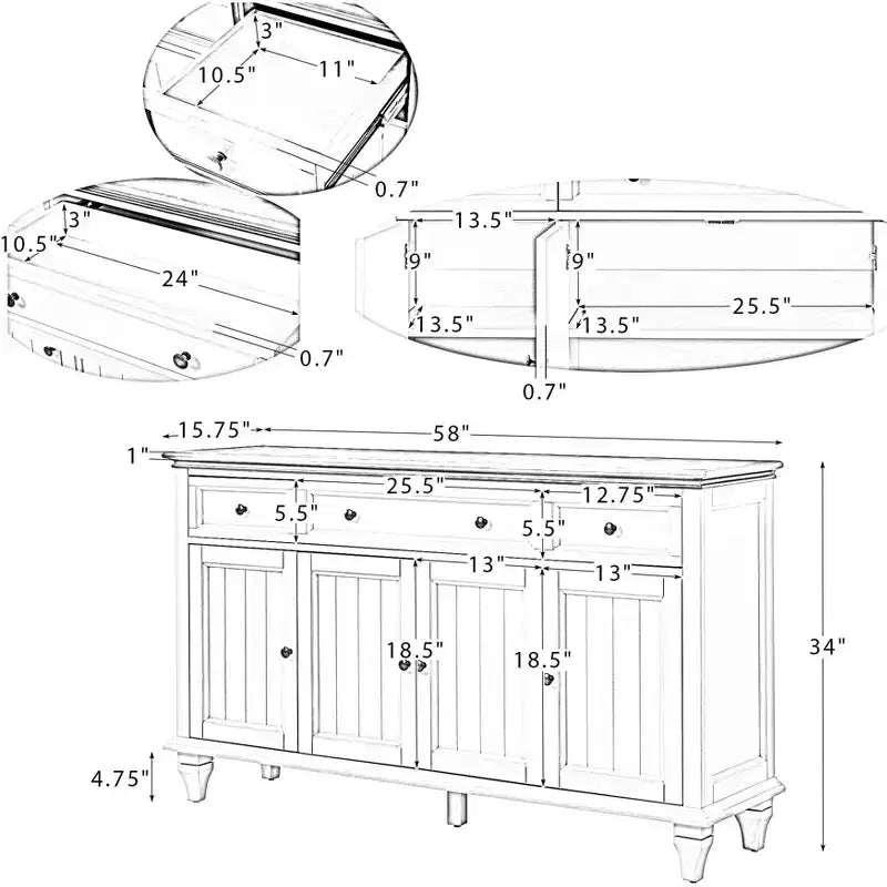 Rick buffet traditionnel de 147 cm de large à 3 tiroirs avec pieds en bois massif | KARAT HOME