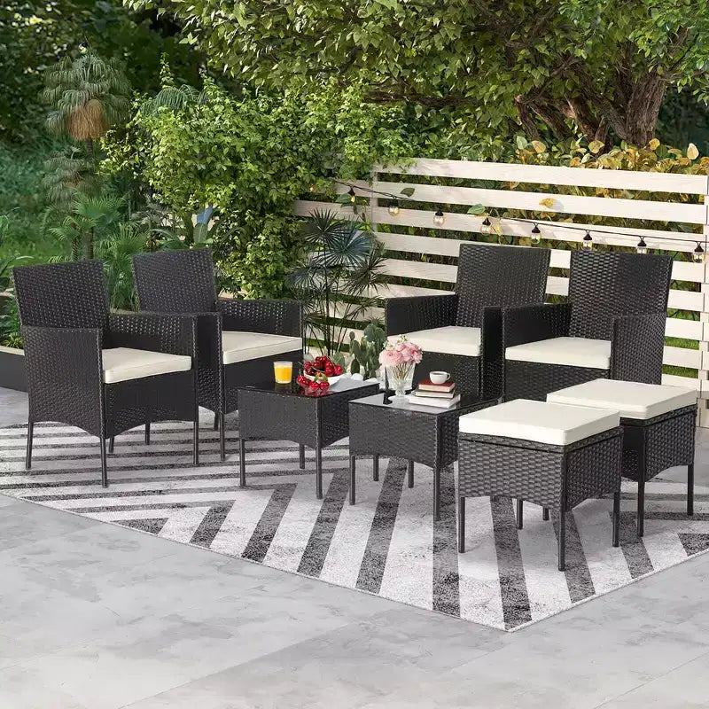 Costway Set Mobili da Giardino 8 Pezzi in Rattan Divani Pouf Tavolo Imbottiti Combinazione Libera