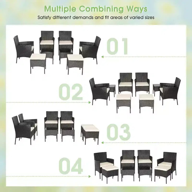 Costway Set Mobili da Giardino 8 Pezzi in Rattan Divani Pouf Tavolo Imbottiti Combinazione Libera