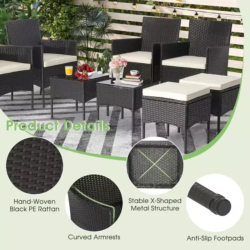 Costway Set Mobili da Giardino 8 Pezzi in Rattan Divani Pouf Tavolo Imbottiti Combinazione Libera