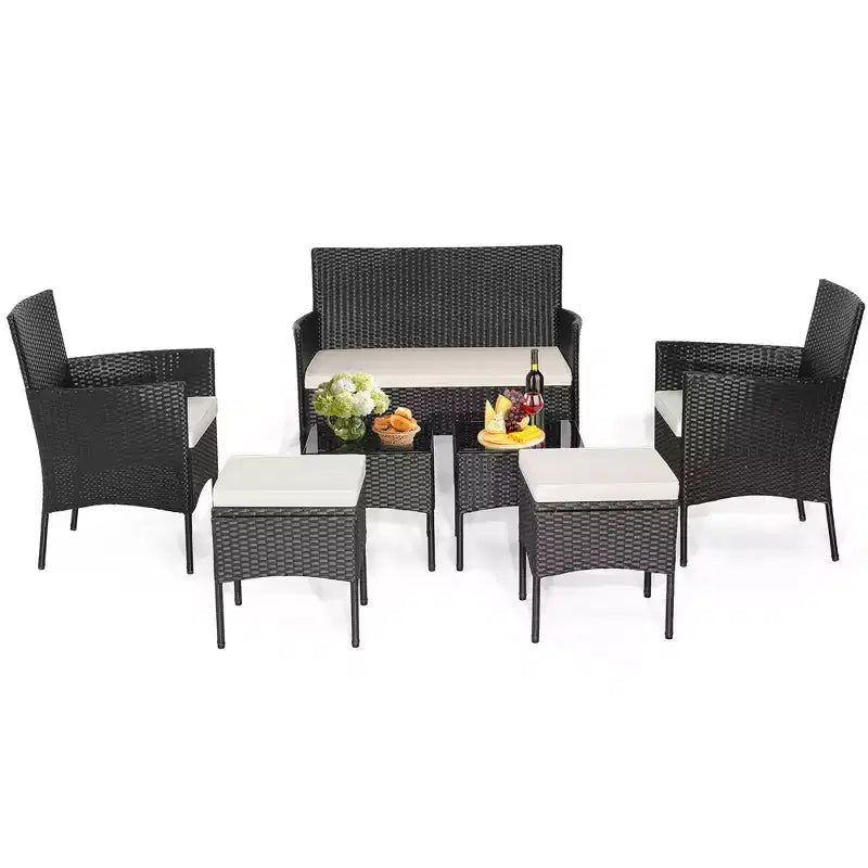 Costway Ensemble de Meubles de Patio 7 pièces en Rotin Canapé Table Ottomane en Métal Coussiné Extérieur Piscine