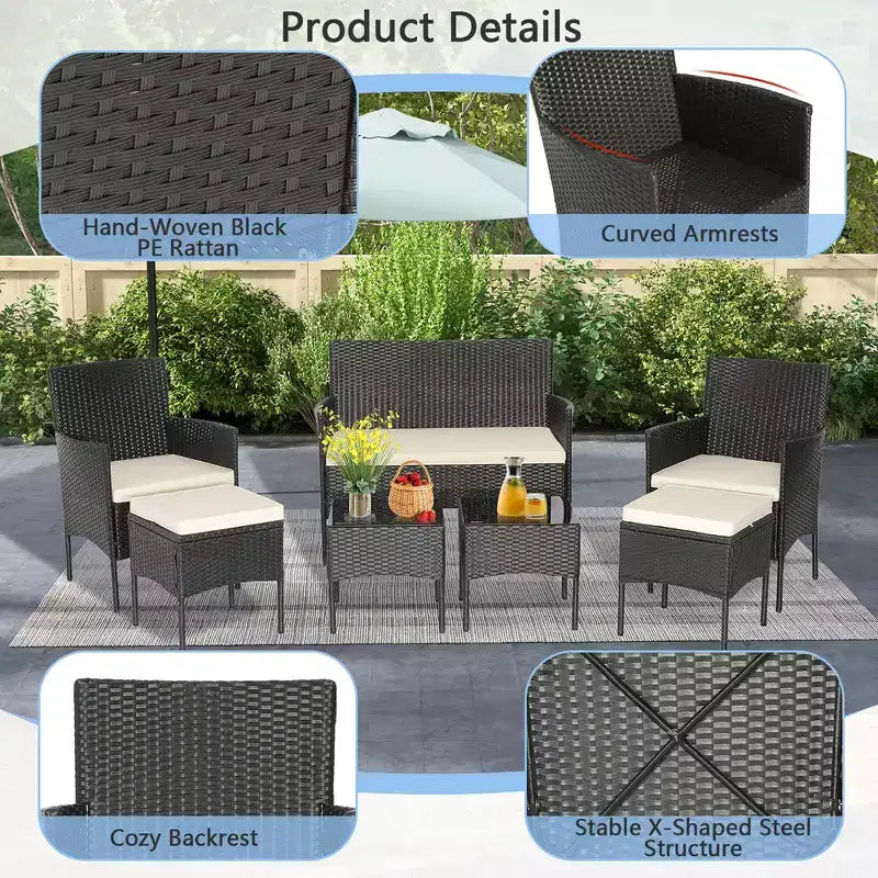 Costway Ensemble de Meubles de Patio 7 pièces en Rotin Canapé Table Ottomane en Métal Coussiné Extérieur Piscine