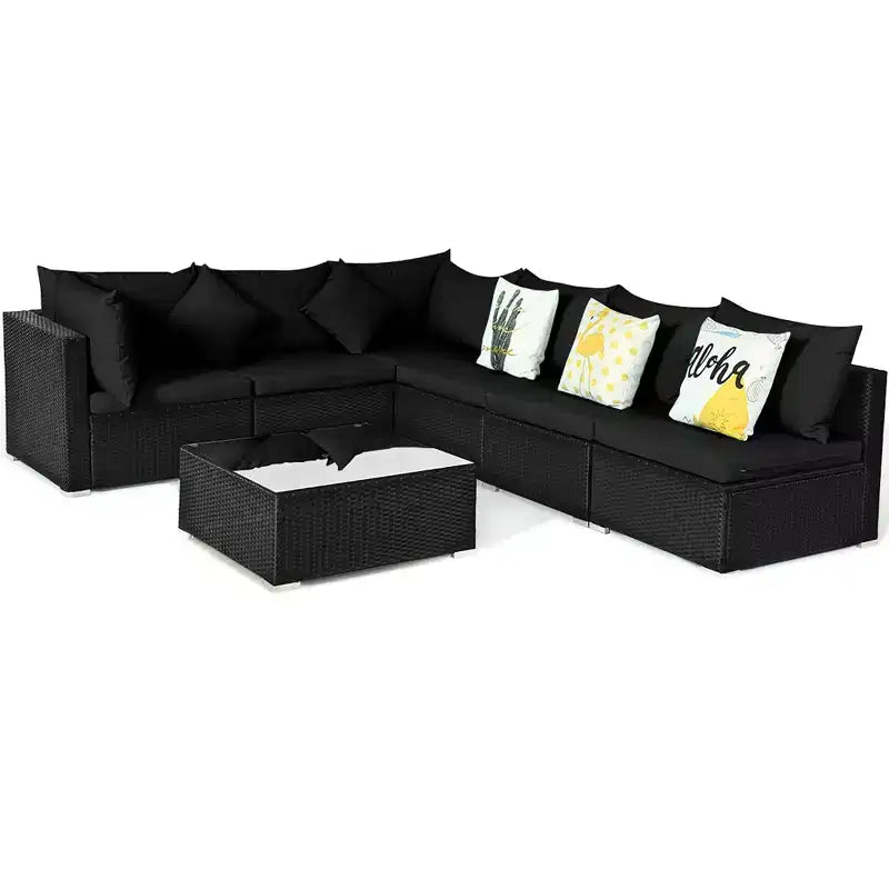 Costway Set divano da esterno 7 pz in rattan, Set di mobili da conversazione componibile per giardino, nero