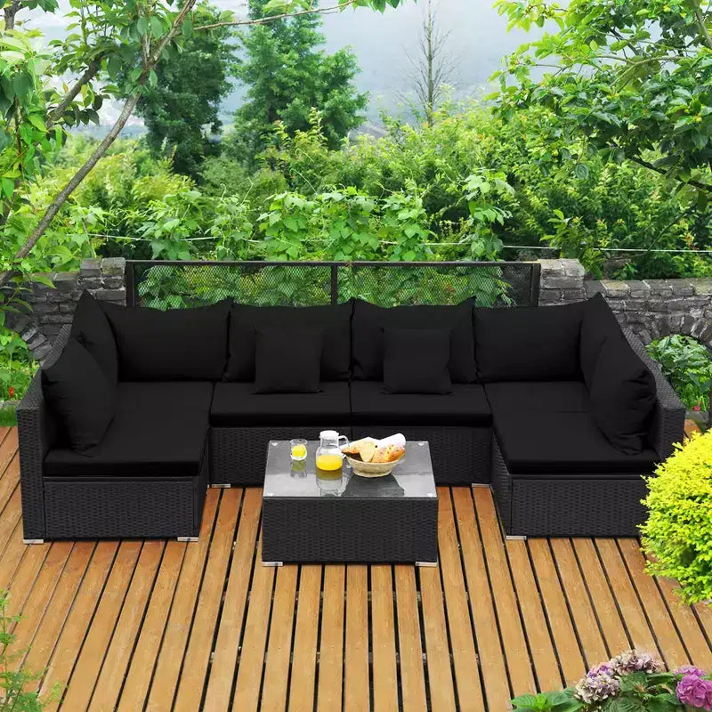 Costway Set divano da esterno 7 pz in rattan, Set di mobili da conversazione componibile per giardino, nero