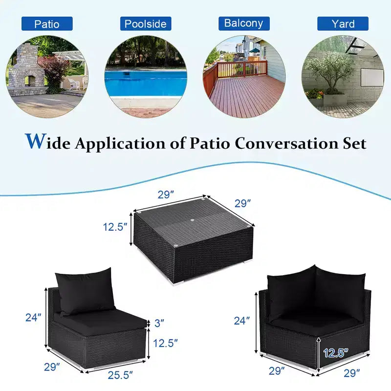 Costway Set divano da esterno 7 pz in rattan, Set di mobili da conversazione componibile per giardino, nero