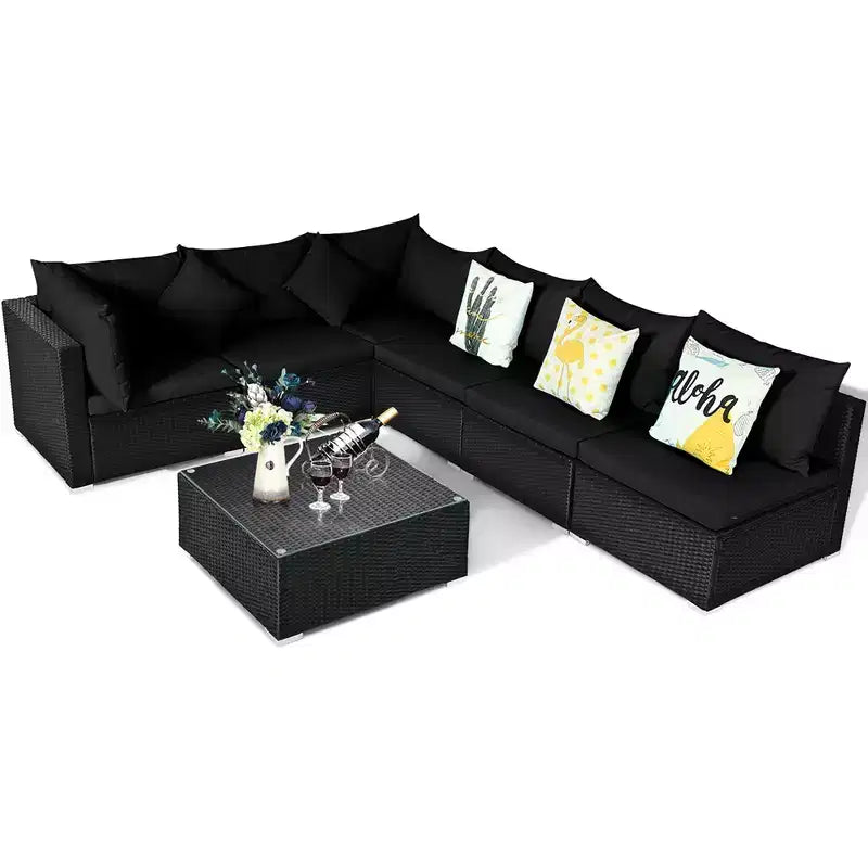 Costway Set divano da esterno 7 pz in rattan, Set di mobili da conversazione componibile per giardino, nero