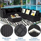 Costway Set divano da esterno 7 pz in rattan, Set di mobili da conversazione componibile per giardino, nero
