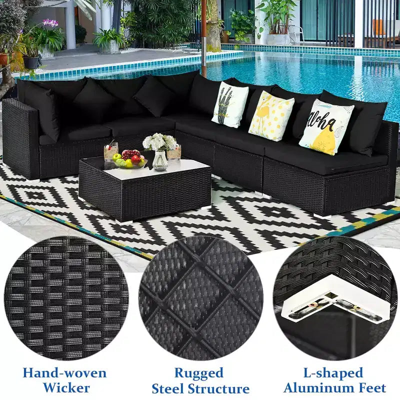 Costway Set divano da esterno 7 pz in rattan, Set di mobili da conversazione componibile per giardino, nero