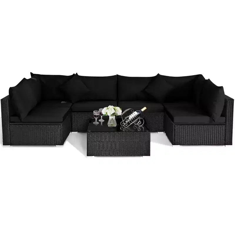 Costway Set divano da esterno 7 pz in rattan, Set di mobili da conversazione componibile per giardino, nero