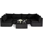 Costway Set divano da esterno 7 pz in rattan, Set di mobili da conversazione componibile per giardino, nero