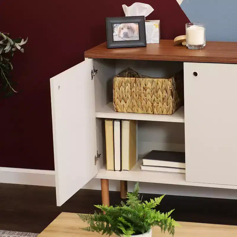 Sunnydaze Buffet d'appoint d'intérieur Mid-Century Modern à 2 portes avec étagères