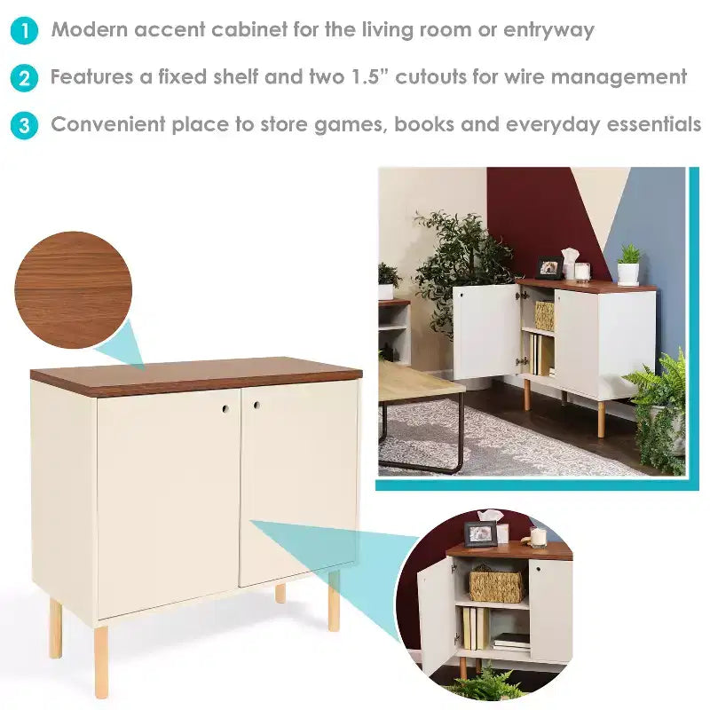 Sunnydaze Buffet d'appoint d'intérieur Mid-Century Modern à 2 portes avec étagères