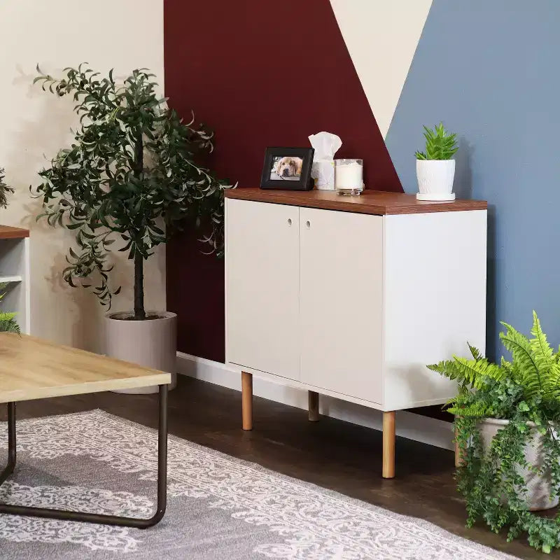 Sunnydaze Buffet d'appoint d'intérieur Mid-Century Modern à 2 portes avec étagères