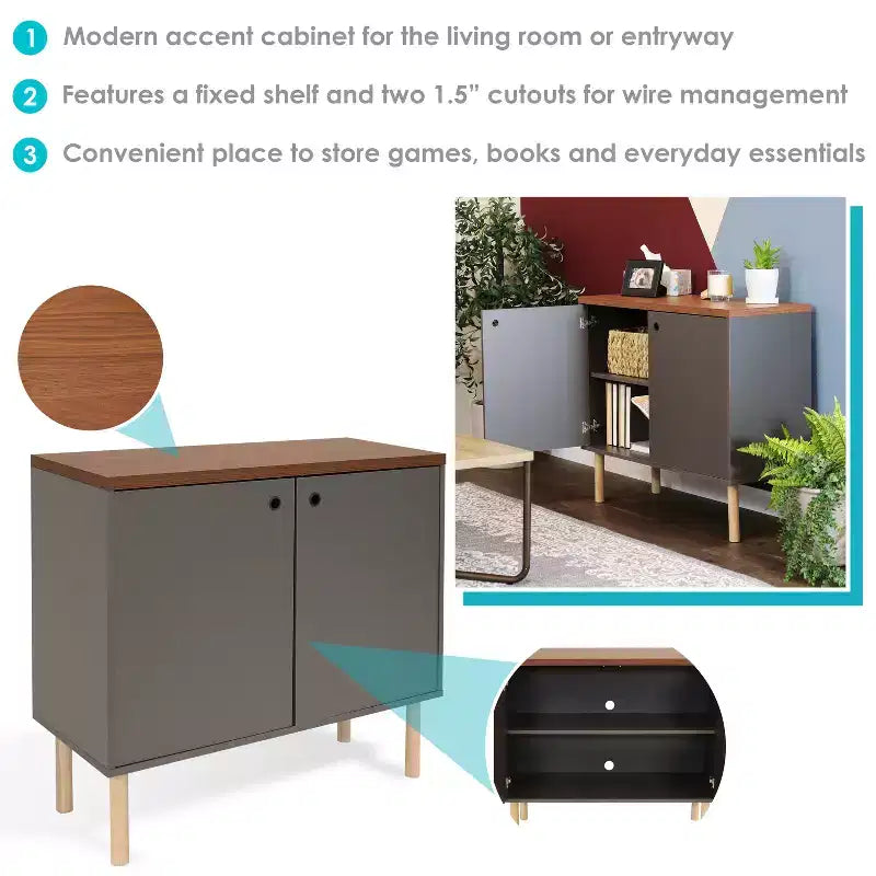 Sunnydaze Buffet d'appoint d'intérieur Mid-Century Modern à 2 portes avec étagères