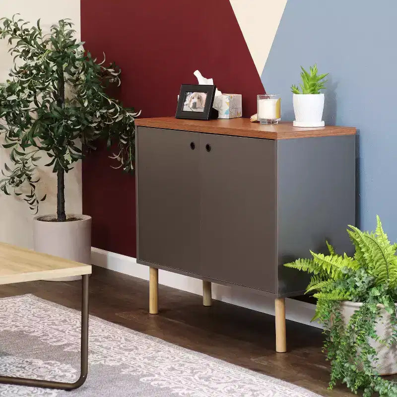 Sunnydaze Buffet d'appoint d'intérieur Mid-Century Modern à 2 portes avec étagères