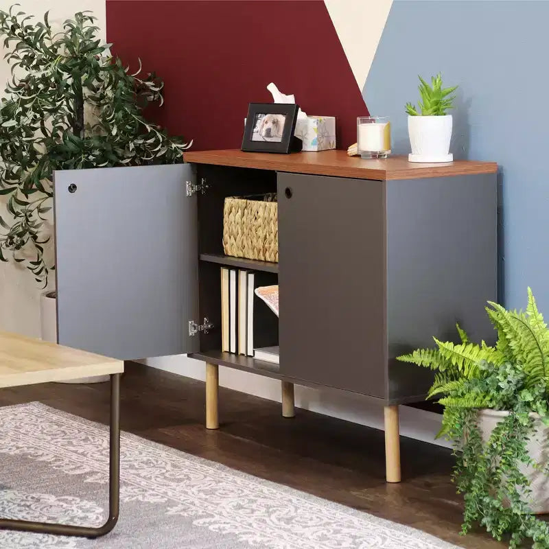 Sunnydaze Buffet d'appoint d'intérieur Mid-Century Modern à 2 portes avec étagères