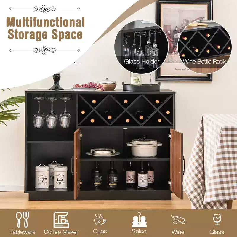 Mobile Bar Industriale Credenza Buffet Costway con Portabicchieri e Ripiano Regolabile