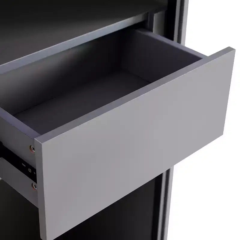Vitrine éclairée LED Meuble de rangement avec porte en verre trempé, 2 tiroirs, étagères réglables, Moderne Minimaliste, Gris-ModernLuxe