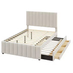 Lit plateforme rembourré pleine grandeur avec lit gigogne double et 3 tiroirs, tissu de lin, beige