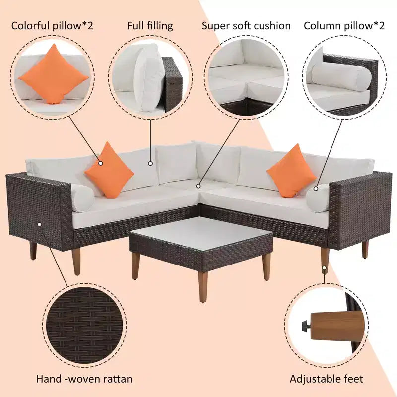 Set Divano Esterno in Rattan 4 Pezzi, Set Divano a L da Giardino con Cuscini Colorati - ModernLuxe