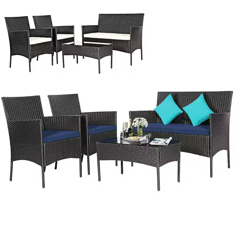 Costway Salon de Jardin en Résine Tressée 4 Pièces avec Table Basse et Coussins Déhoussables