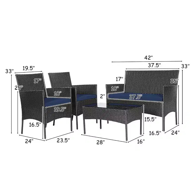 Set di mobili da giardino Costway da 4 pezzi in vimini con tavolino e cuscini con fodera