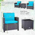 Costway Ensemble de mobilier de jardin 3 pièces en osier avec coussins de terrasse beiges et bleus marine Balcon