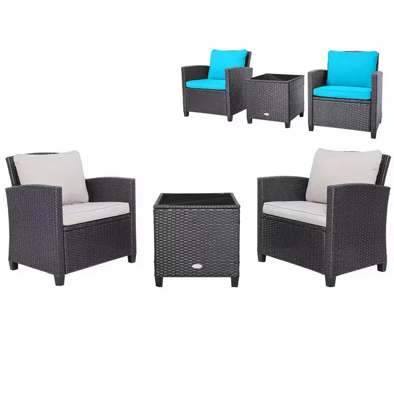 Costway Ensemble de mobilier de jardin 3 pièces en osier avec coussins de terrasse beiges et bleus marine Balcon
