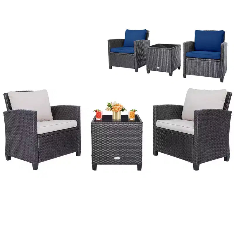Costway Ensemble de mobilier de jardin 3 pièces en osier avec coussins de terrasse beiges et bleus marine Balcon