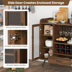 Buffet de Cuisine Costway avec Porte-verres à Vin 3 Rangs, Étagère Amovible, Porte en Verre Trempé et Kits Anti-Basculement