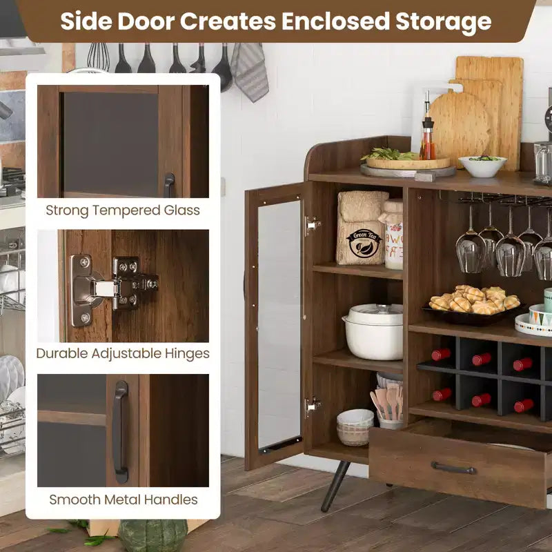 Buffet de Cuisine Costway avec Porte-verres à Vin 3 Rangs, Étagère Amovible, Porte en Verre Trempé et Kits Anti-Basculement