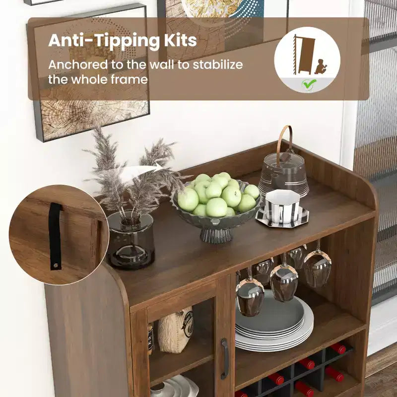 Buffet de Cuisine Costway avec Porte-verres à Vin 3 Rangs, Étagère Amovible, Porte en Verre Trempé et Kits Anti-Basculement