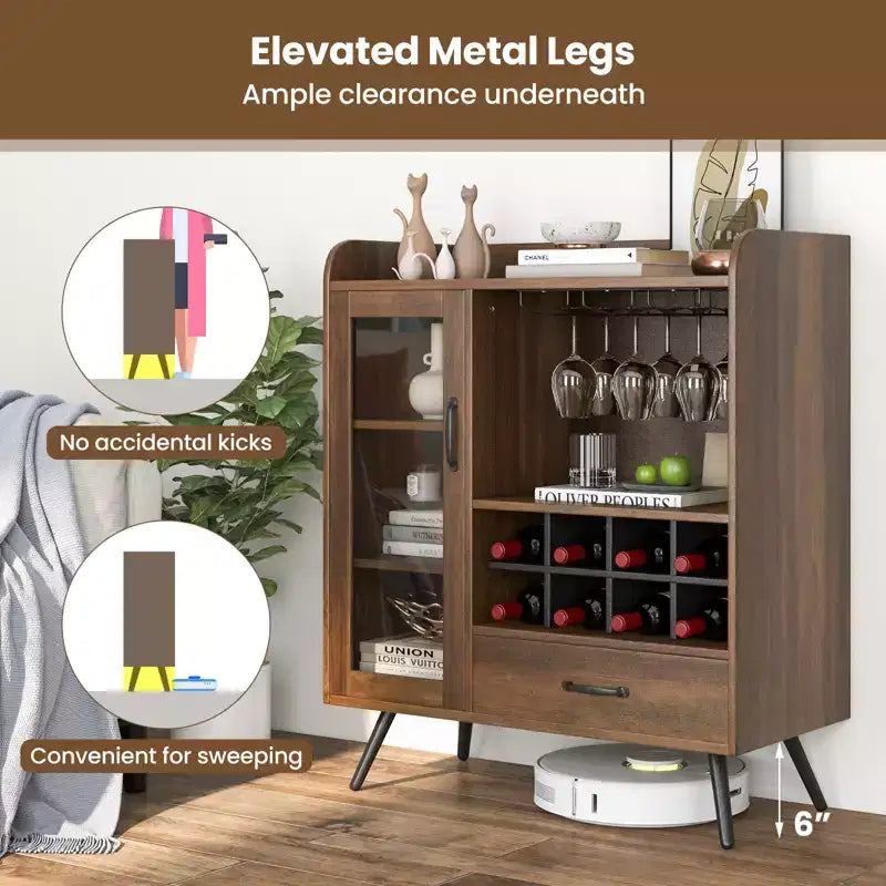Buffet de Cuisine Costway avec Porte-verres à Vin 3 Rangs, Étagère Amovible, Porte en Verre Trempé et Kits Anti-Basculement