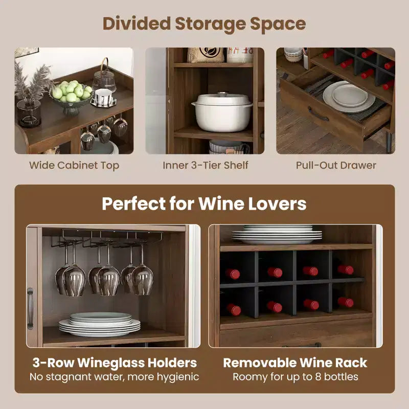 Buffet de Cuisine Costway avec Porte-verres à Vin 3 Rangs, Étagère Amovible, Porte en Verre Trempé et Kits Anti-Basculement