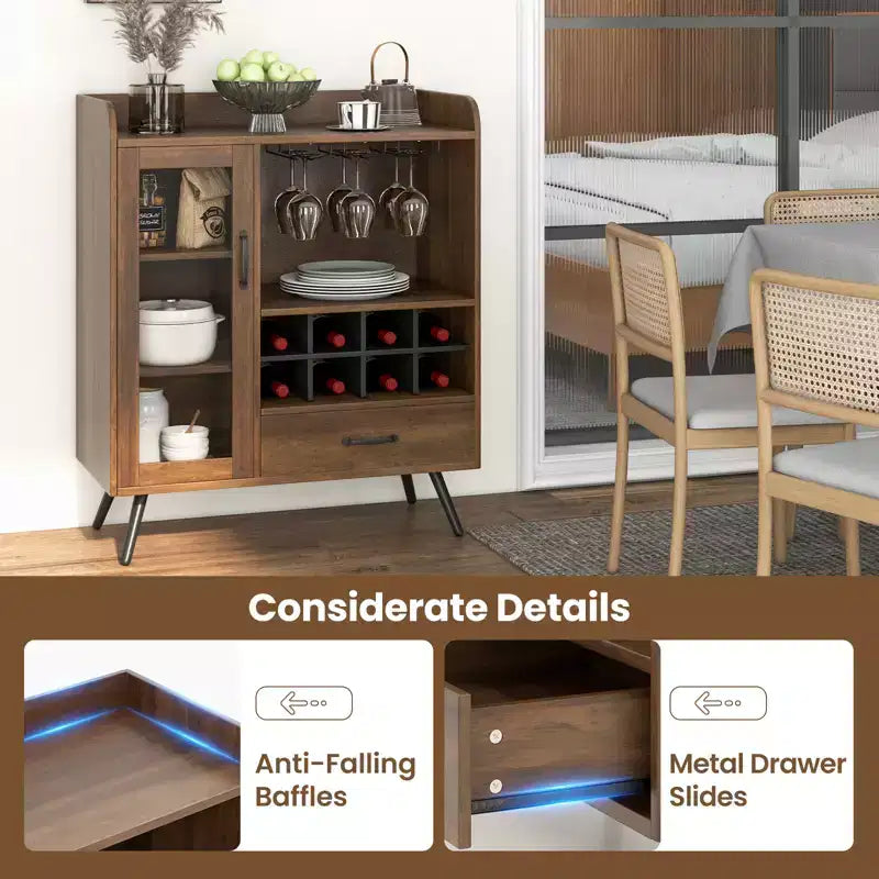 Buffet de Cuisine Costway avec Porte-verres à Vin 3 Rangs, Étagère Amovible, Porte en Verre Trempé et Kits Anti-Basculement